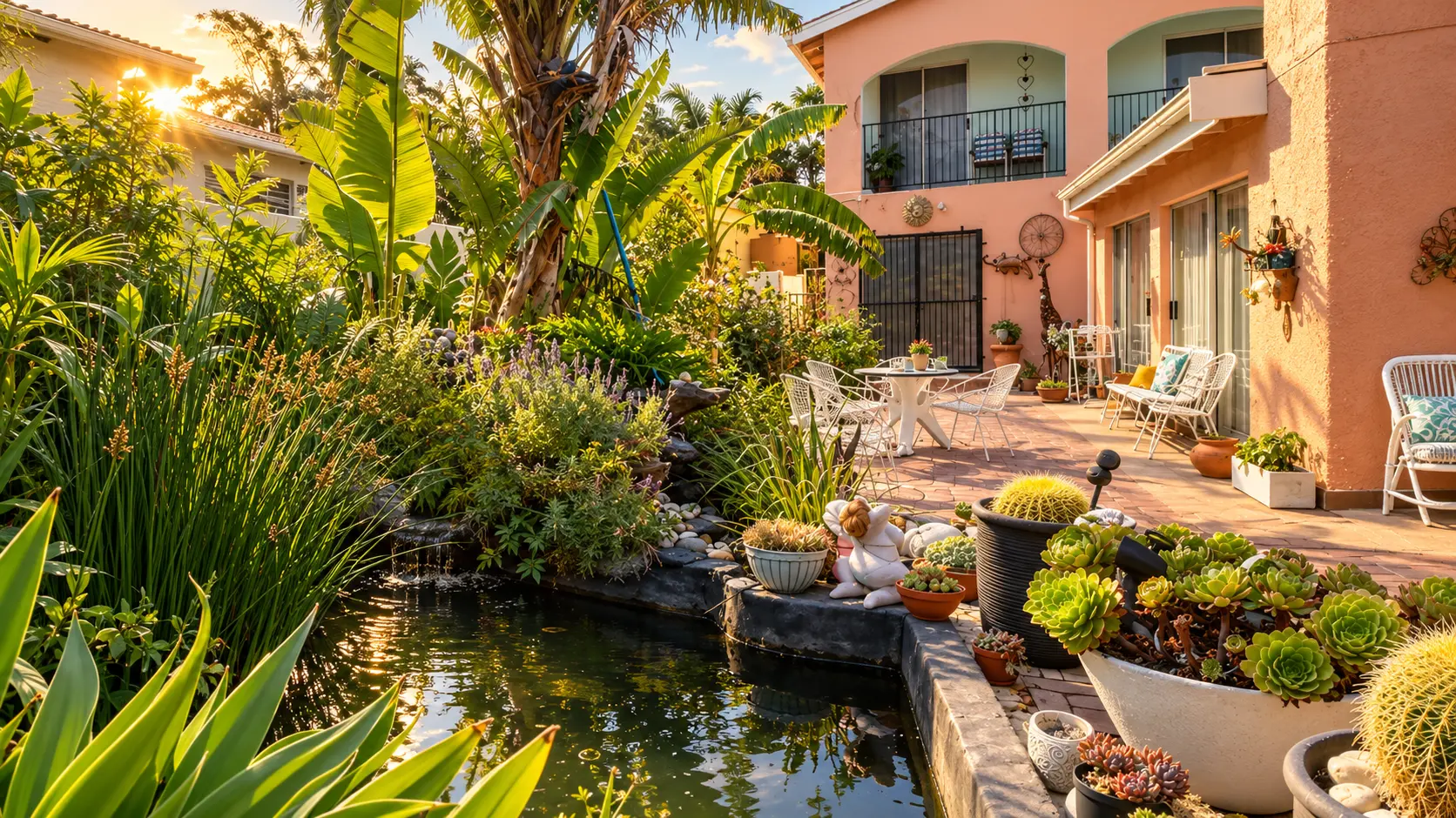 Lush garden with koi pond, patio and Mountainia Inn facade