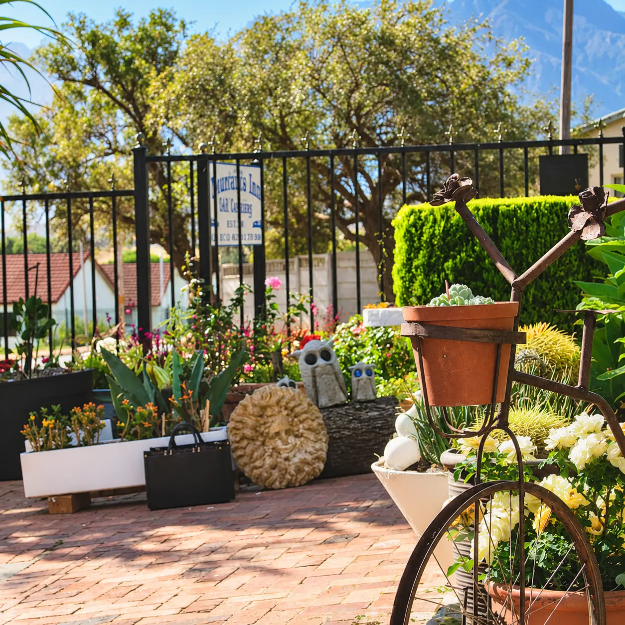 Bicycle planter and owl ornaments in the sunlit garden