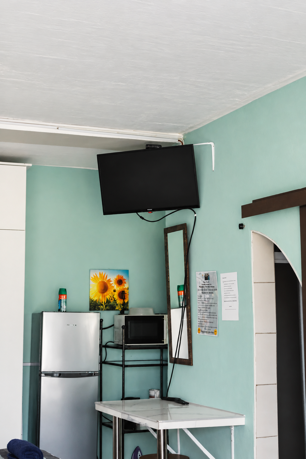 Sunflower room kitchenette with wall-mounted TV and bar fridge