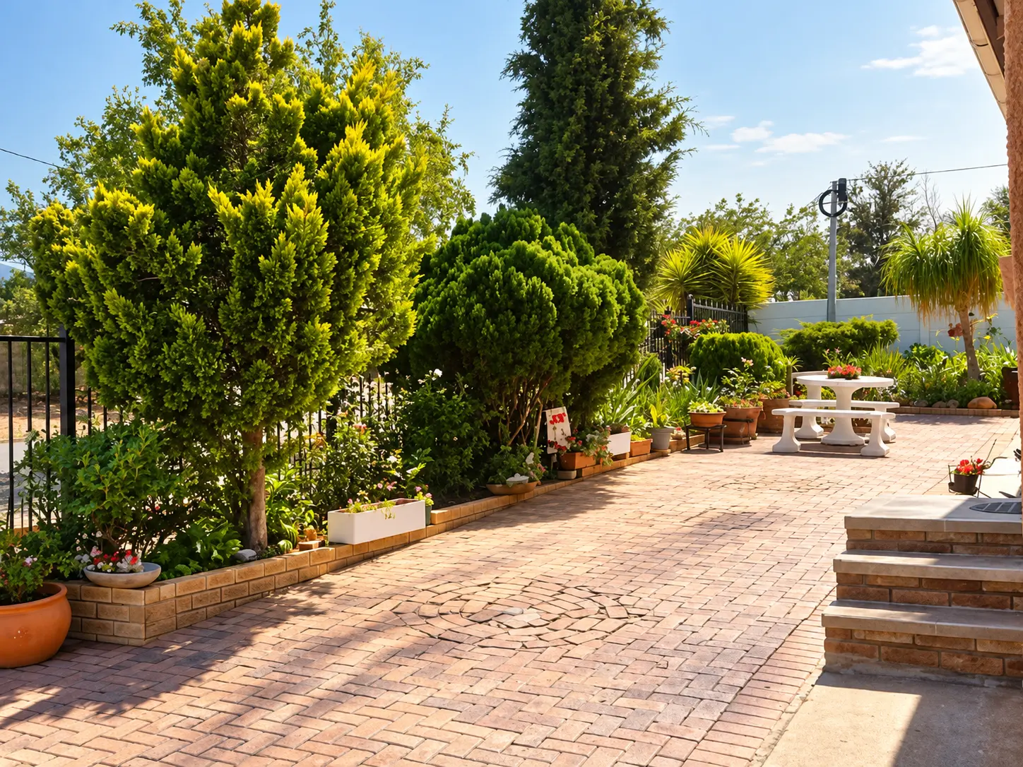 Spacious brick courtyard with garden trees and outdoor seating